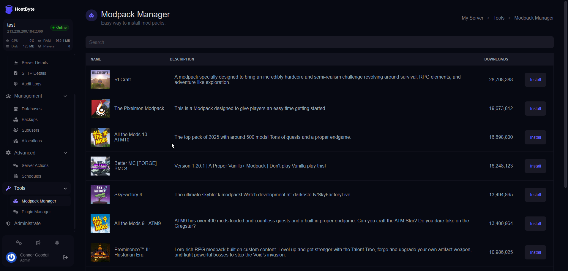 A preview of the Modpack Manager feature in the Firefly Panel